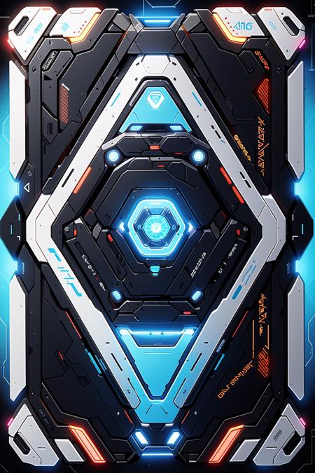 15987-762222473-Concept Art, Game Cards, Sci-Fi Style Cards, Emboss, no_humans, science_fiction, Border, Robot, black_border, Glow, Solo, from_a.png
